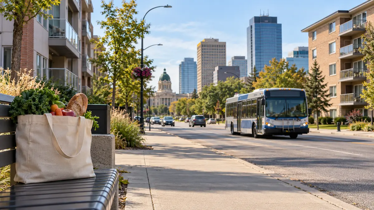Illustrative Regina streetscape with apartments, transit and groceries